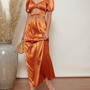 SheIn Puff Sleeve Ruched Maxi Tie Front dress